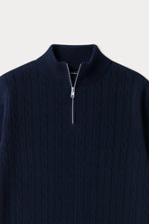 Cable Knit Wool Half Zip Sweater - Royal Navy